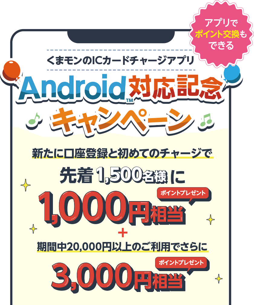 Android対応キャンペーン。口座登録と初回チャージで先着1,000名様に1,000ポイントプレゼント。+期間中20,000円以上のご利用でさらに3,000ポイントプレゼント